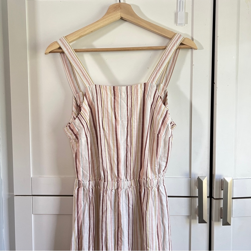 LOFT Beach Colorful Striped Tie Back High Low Ruffle Hem Midi Dress Size…